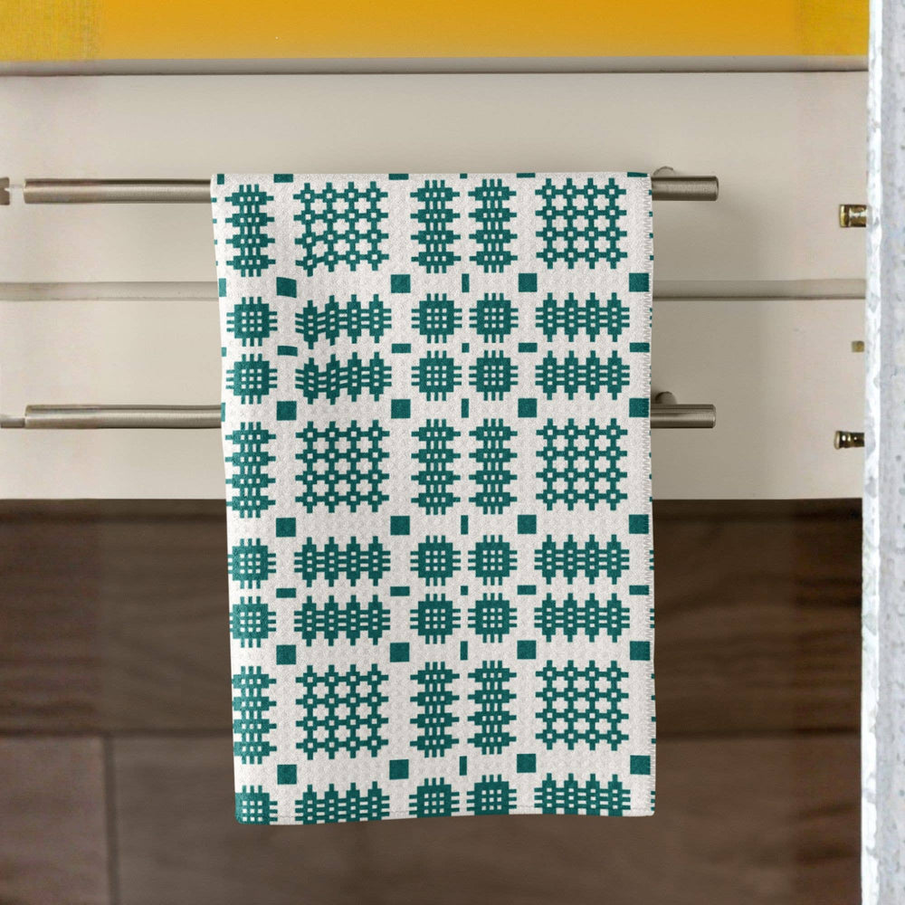 Teal Waffle Tea Towel, Welsh blanket design