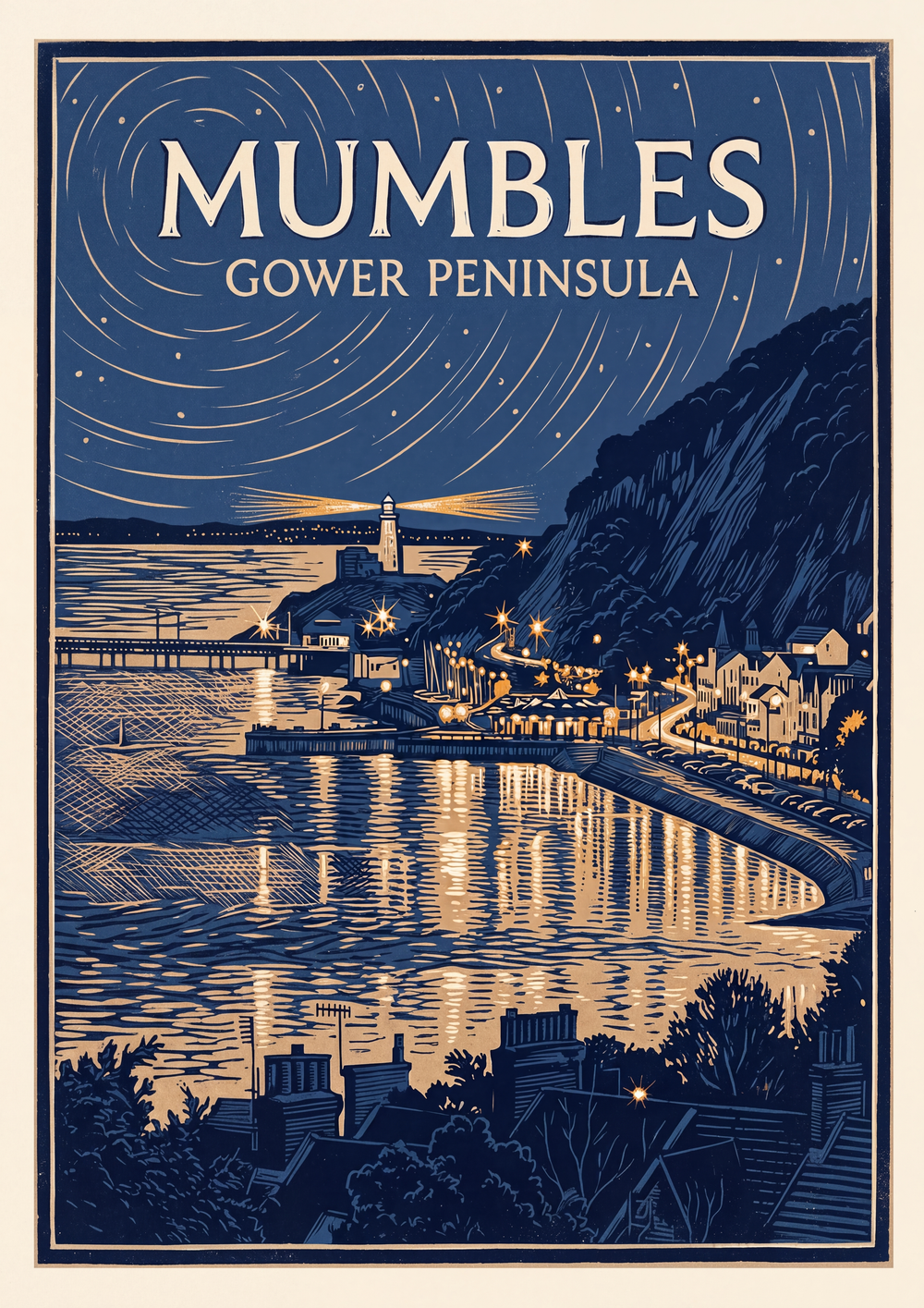 Mumbles Night – Linocut Print