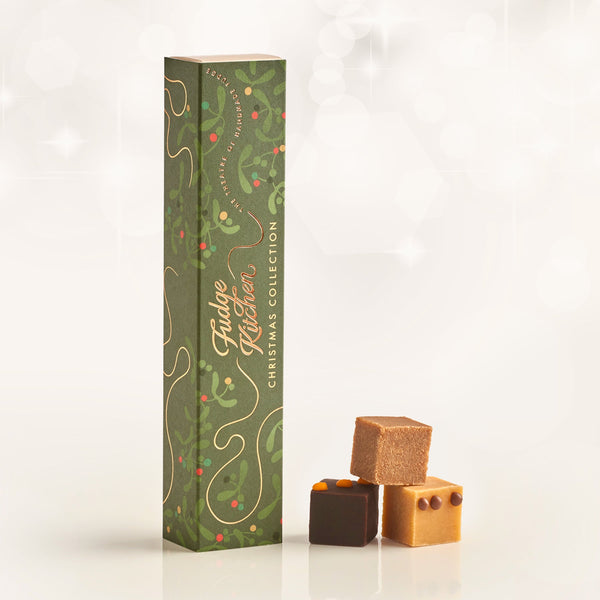 Fudge Kitchen Christmas Collection fudge slider box with three pieces of fudge