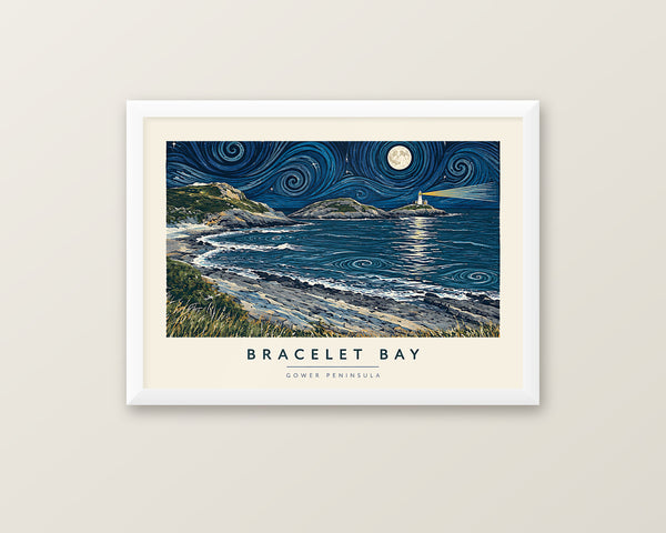 Bracelet Bay at Night Gower Peninsula lino print framed in a 20mm white box frame with acrylic glazing