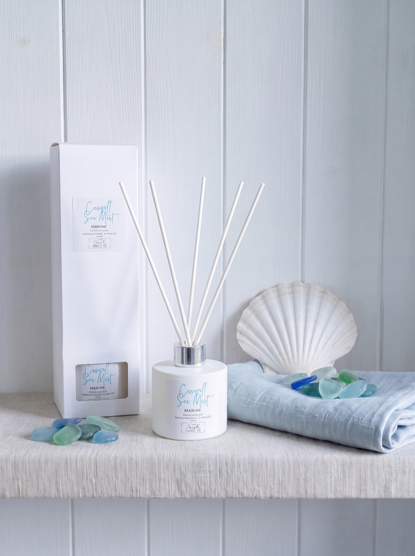 Caswell Sea Mist reed diffuser with reed sticks, fresh marine scent, by The Gower Candle Co.