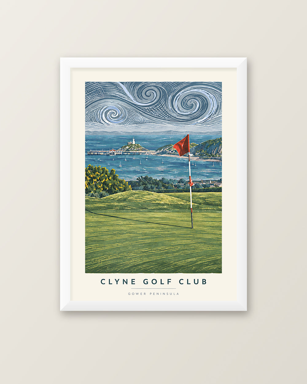 Clyne Golf Club Gower Peninsula lino print framed in a 20mm white box frame with acrylic glazing