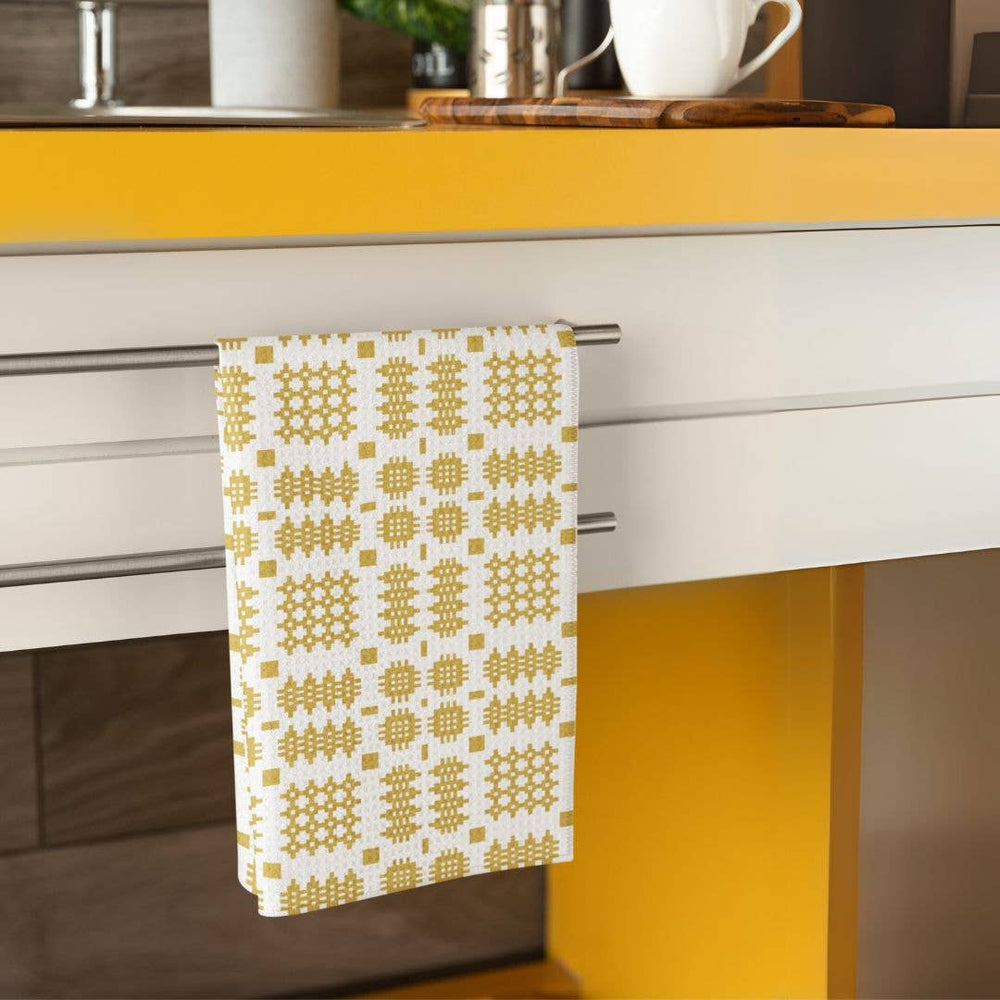 Mustard Waffle Tea Towel, Welsh blanket design