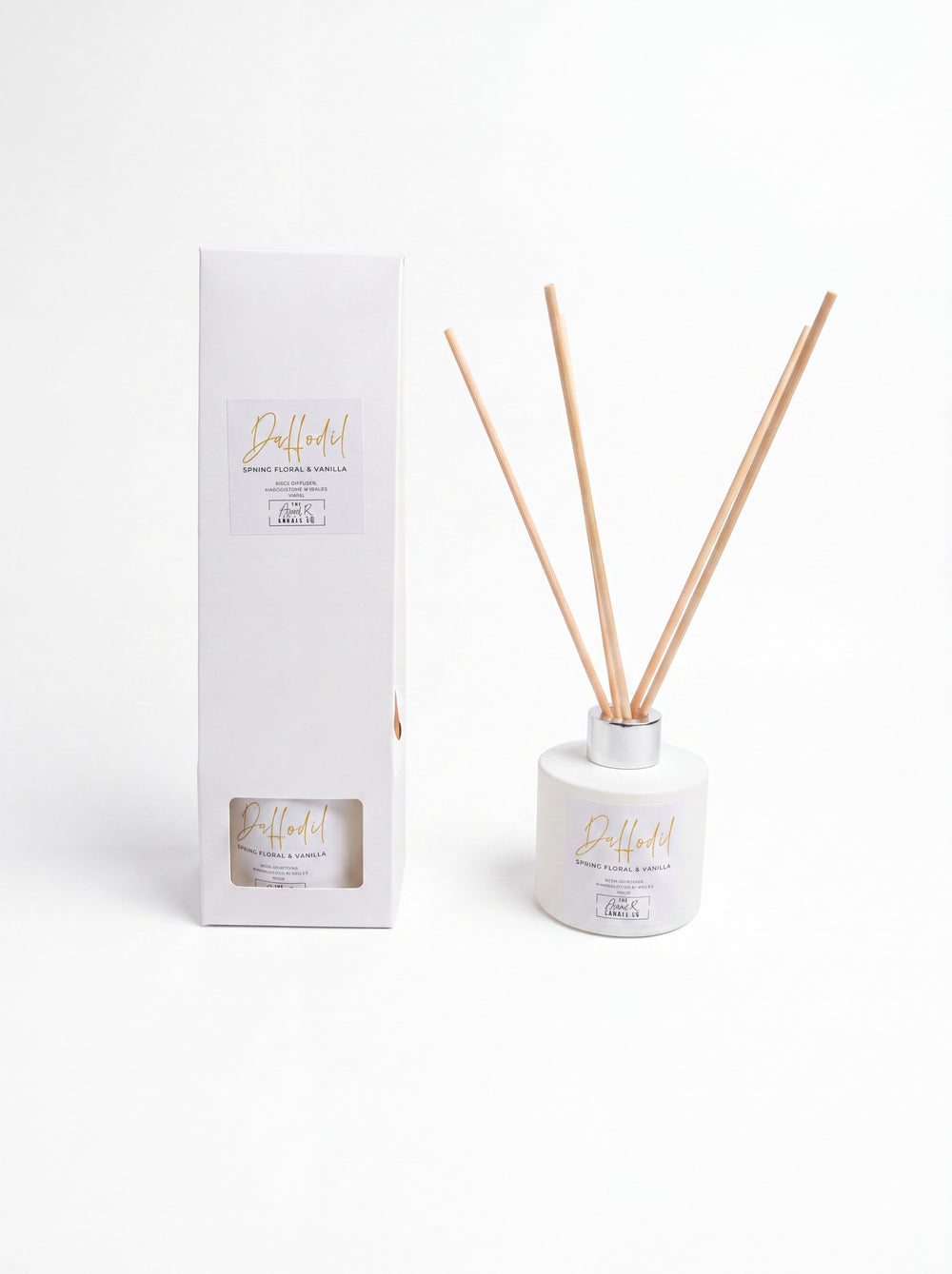 Daffodil spring floral and vanilla reed diffuser with gift box on white background, handpoured in Wales by The Gower Candle Co.