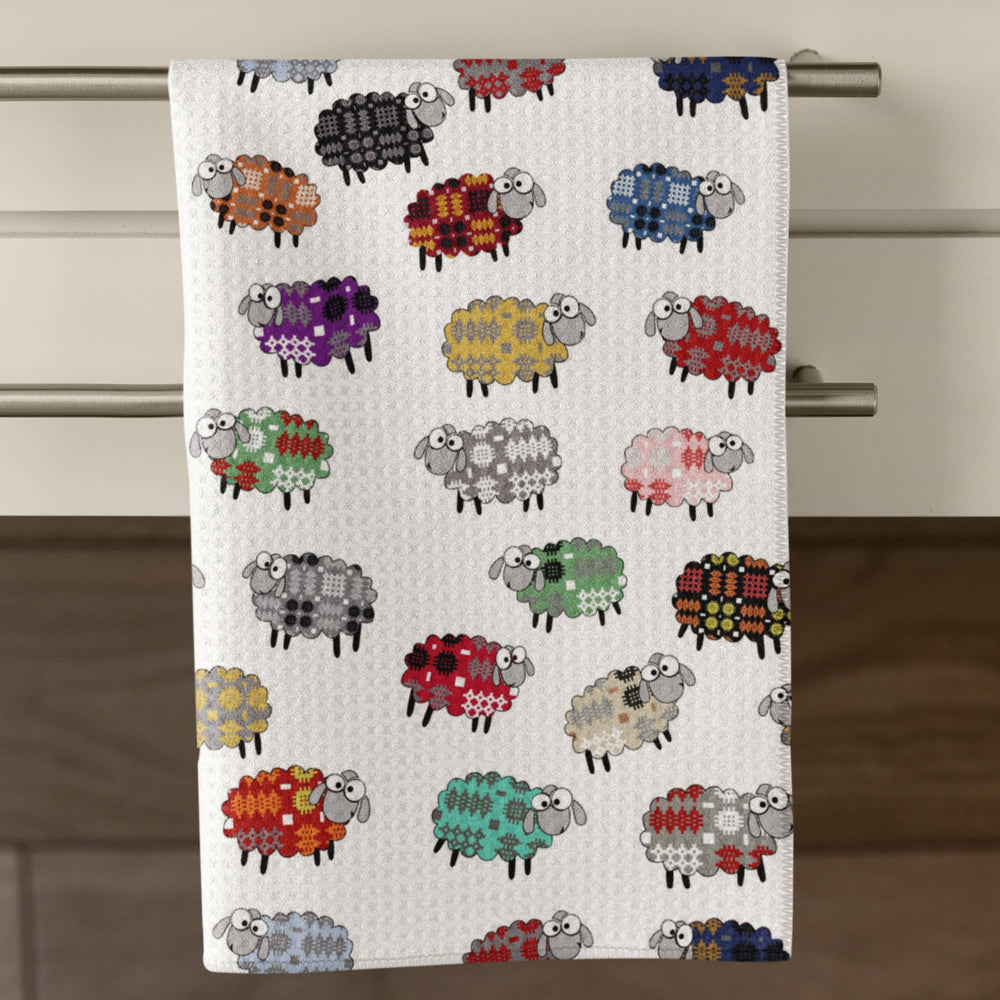 Sheep Waffle Tea Towel, Welsh blanket design