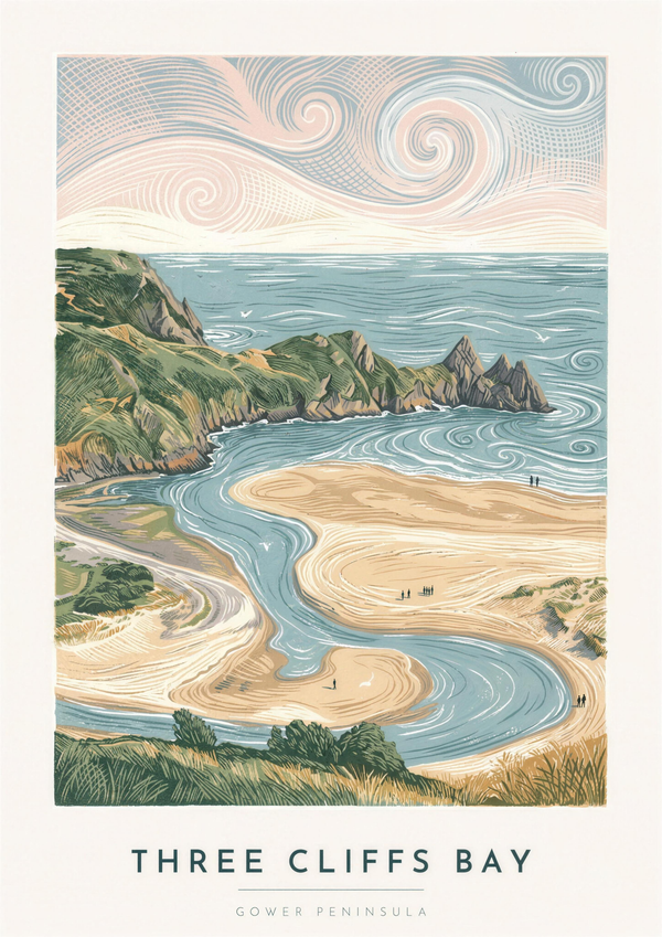 Three Cliffs Bay lino print — Gower Peninsula peaks and winding estuary