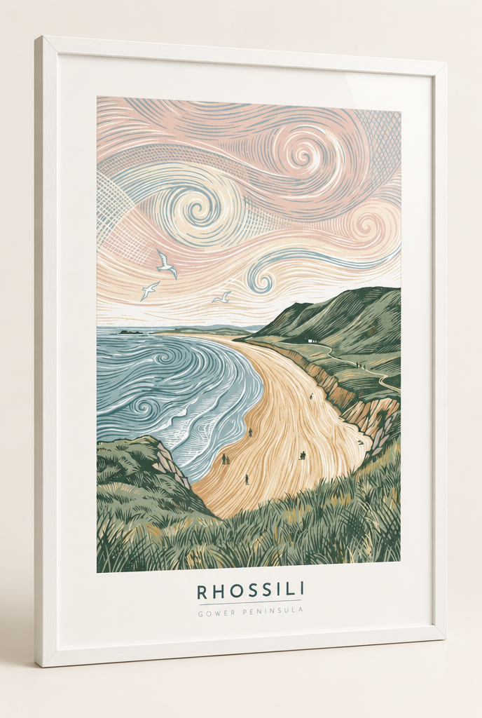 Rhossili Bay Gower Peninsula lino print framed in a 20mm white box frame with acrylic glazing
