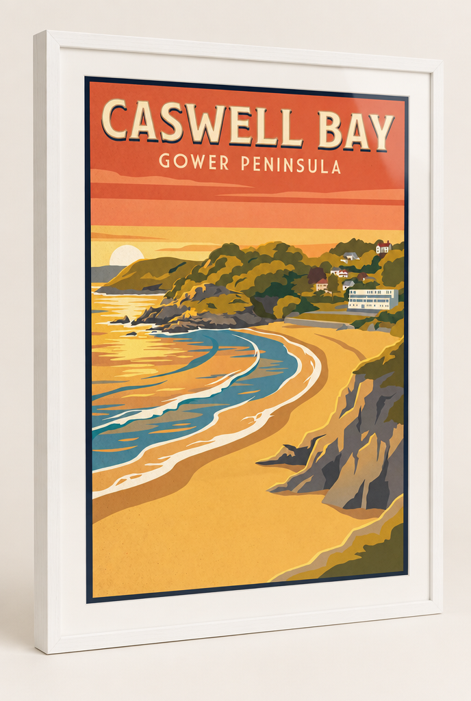 Caswell Bay Gower Peninsula print framed in a 20mm white box frame with acrylic glazing