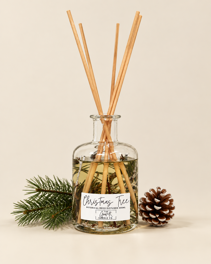 Christmas Tree botanical reed diffuser 200ml by The Gower Candle Co. with pine sprig and pine cone