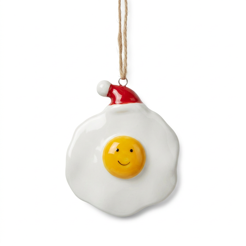 Ceramic Fried Egg Christmas Decoration on a white background