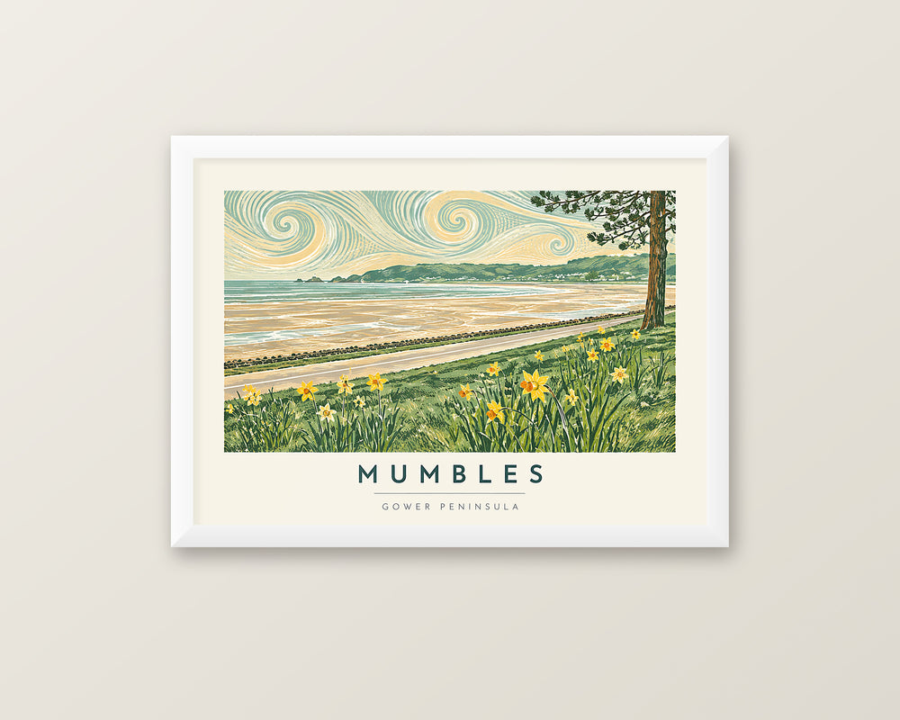 Mumbles Daffodils Gower Peninsula lino print framed in a 20mm white box frame with acrylic glazing