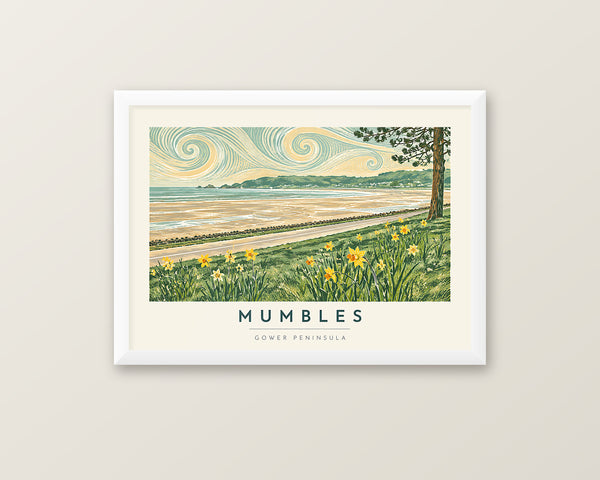 Mumbles Daffodils Gower Peninsula lino print framed in a 20mm white box frame with acrylic glazing
