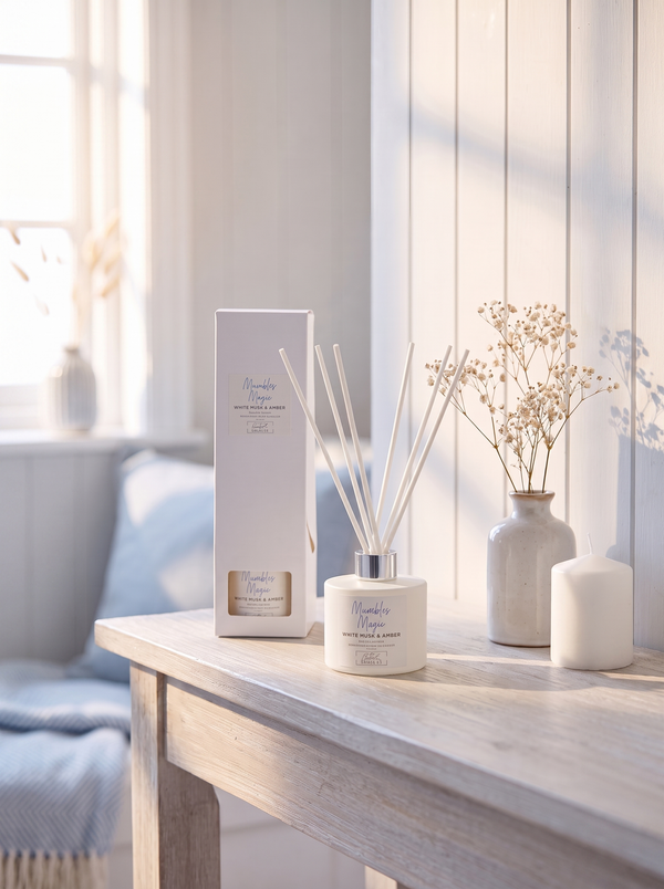 Mumbles Magic reed diffuser with reed sticks, white musk and amber scent, by The Gower Candle Co.