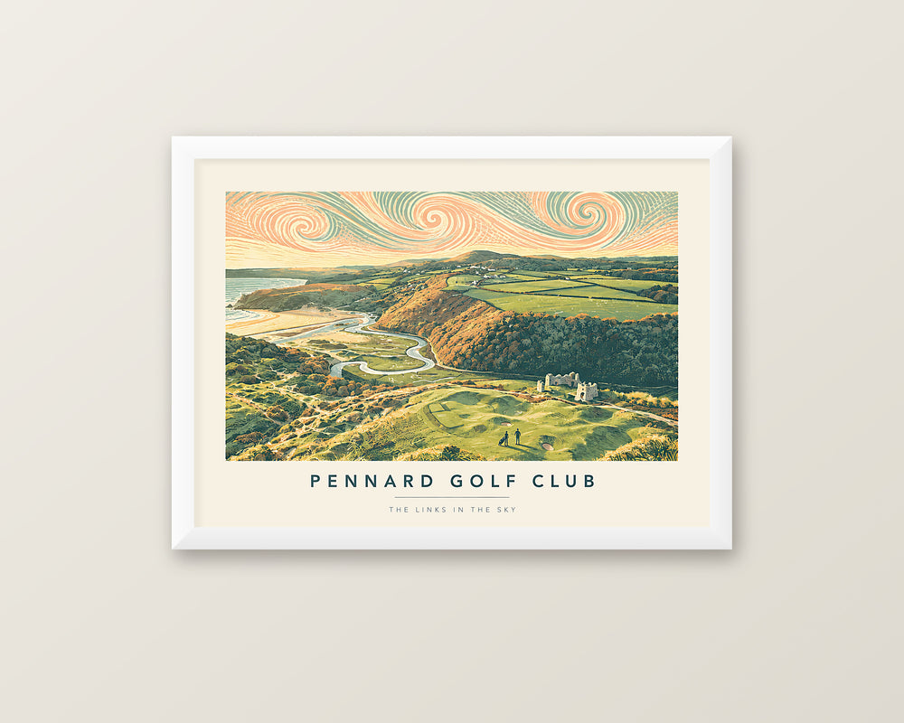 Pennard Golf Club Gower Peninsula lino print framed in a 20mm white box frame with acrylic glazing