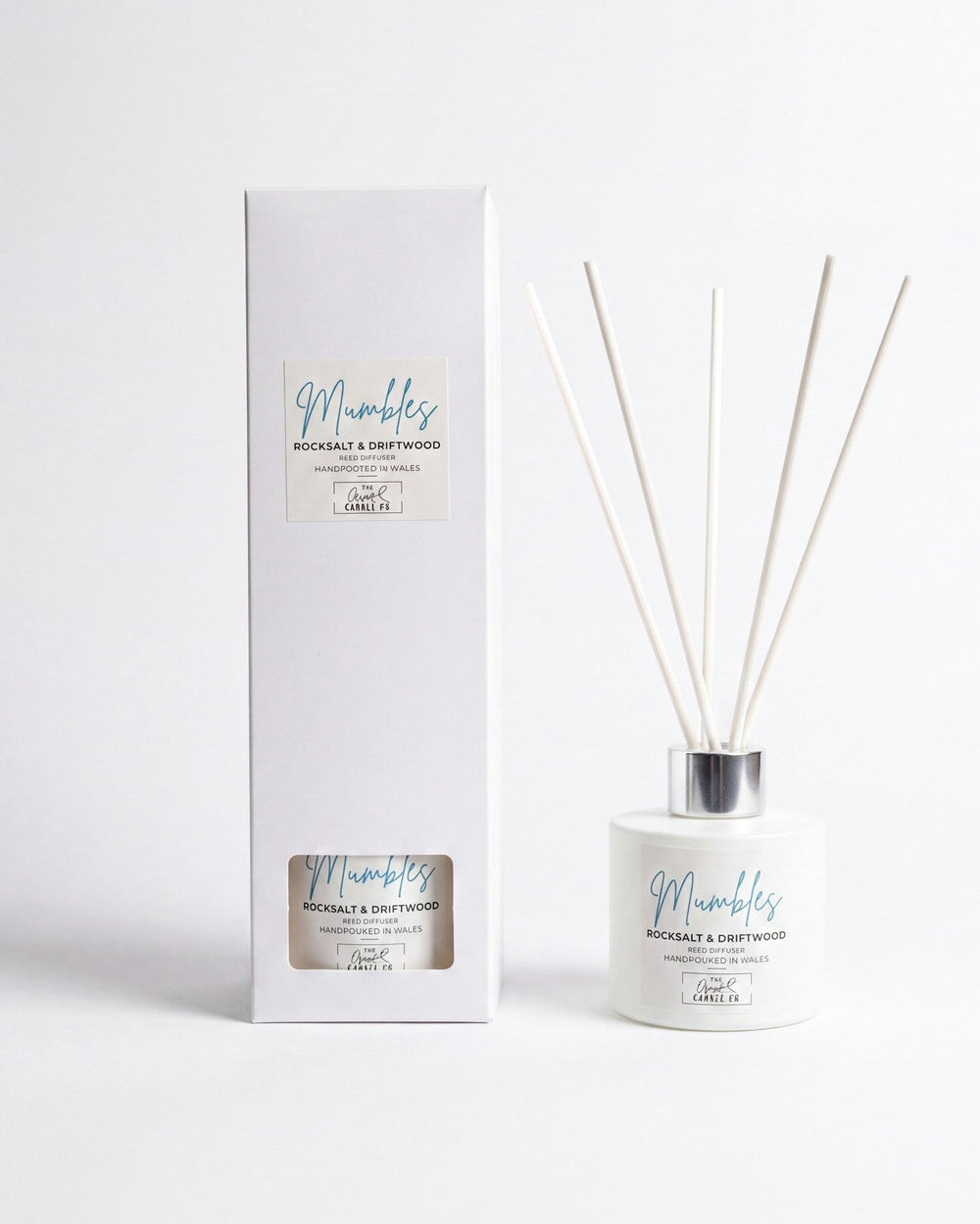 Mumbles rocksalt and driftwood reed diffuser with gift box on white background, handpoured in Wales by The Gower Candle Co.