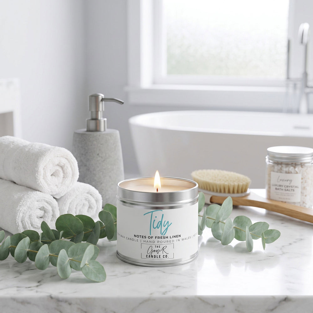 Tidy Soy Candle – Fresh Cotton & Clean Linen | Hand-Poured in Wales