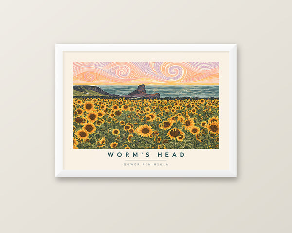 Worm's Head Sunflowers Gower Peninsula lino print framed in a 20mm white box frame with acrylic glazing