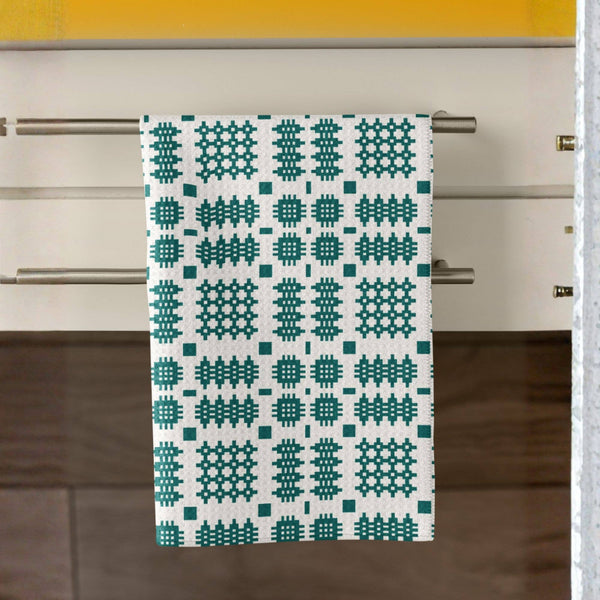 Teal Waffle Tea Towel, Welsh blanket design