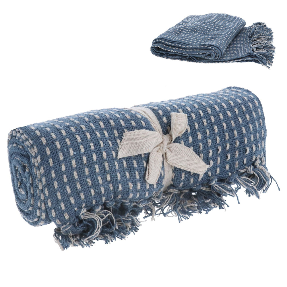 Cotton Throw 150cm - Blue Woven Stab Stitch