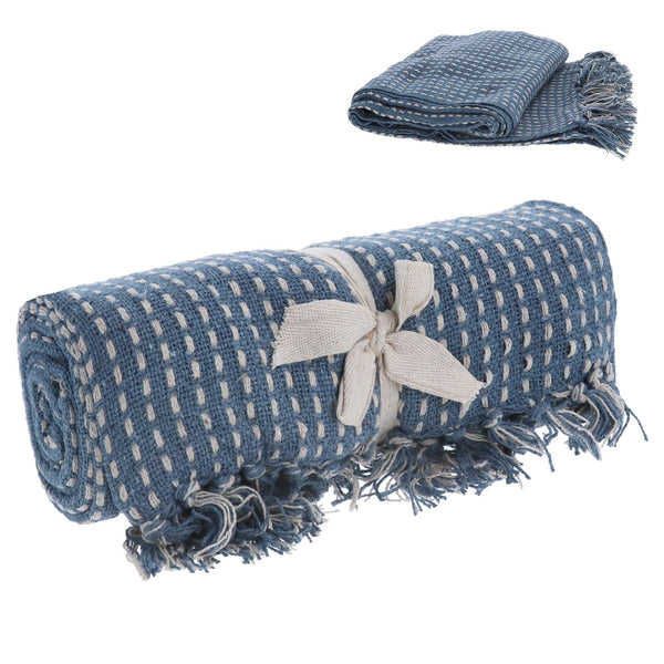 Cotton Throw 150cm - Blue Woven Stab Stitch