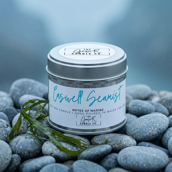 Caswell Seamist soy candle in a brushed tin with fresh marine notes, hand-poured in Wales by The Gower Candle Co.