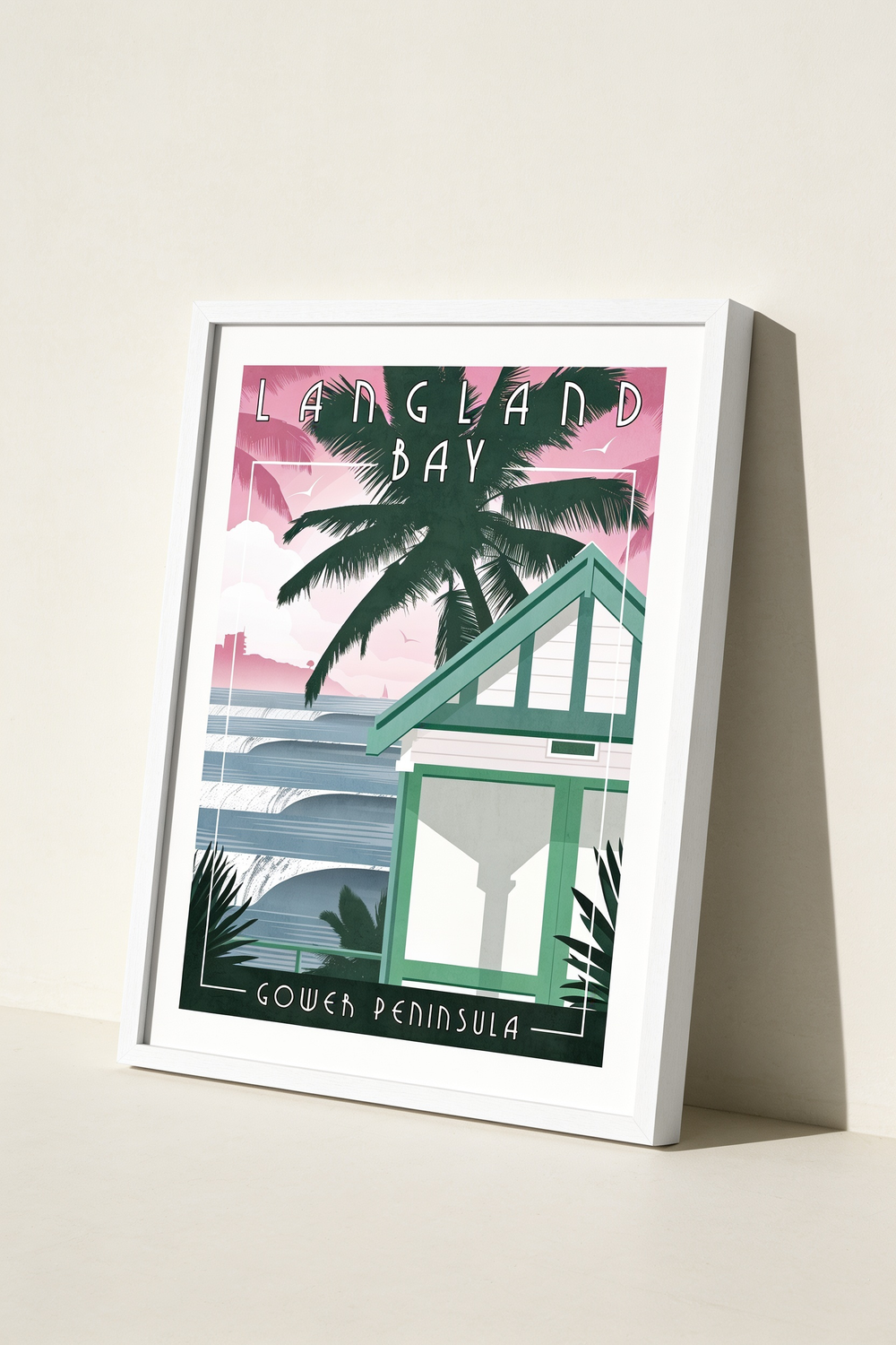 Langland Bay Art Deco travel poster print, framed — Gower Peninsula