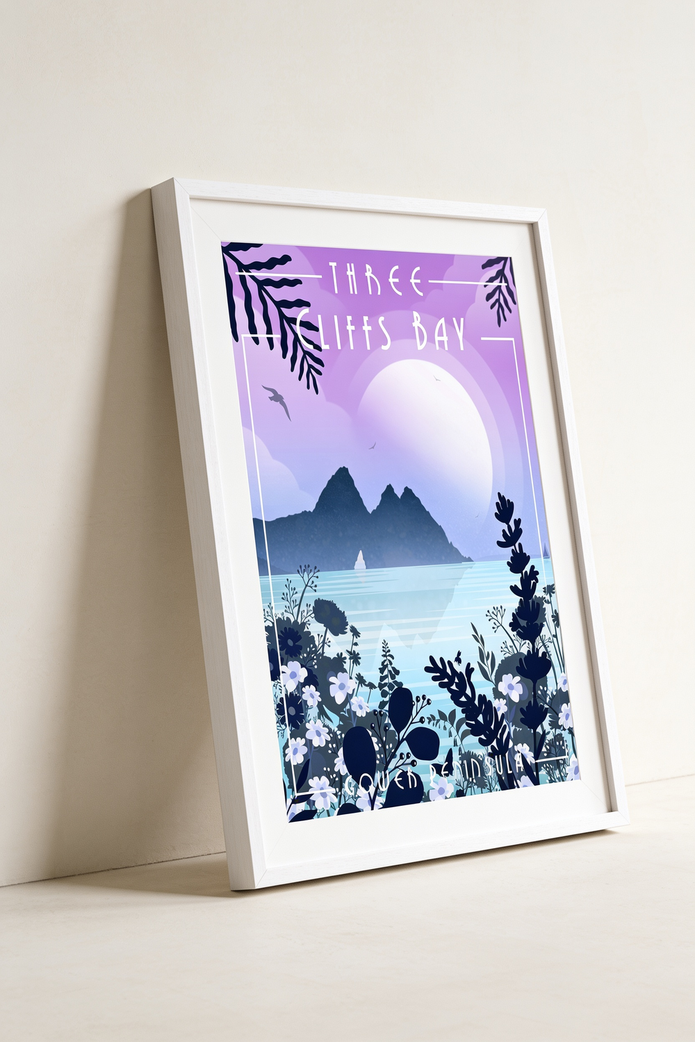 Three Cliffs Bay Art Deco travel poster print, framed — Gower Peninsula