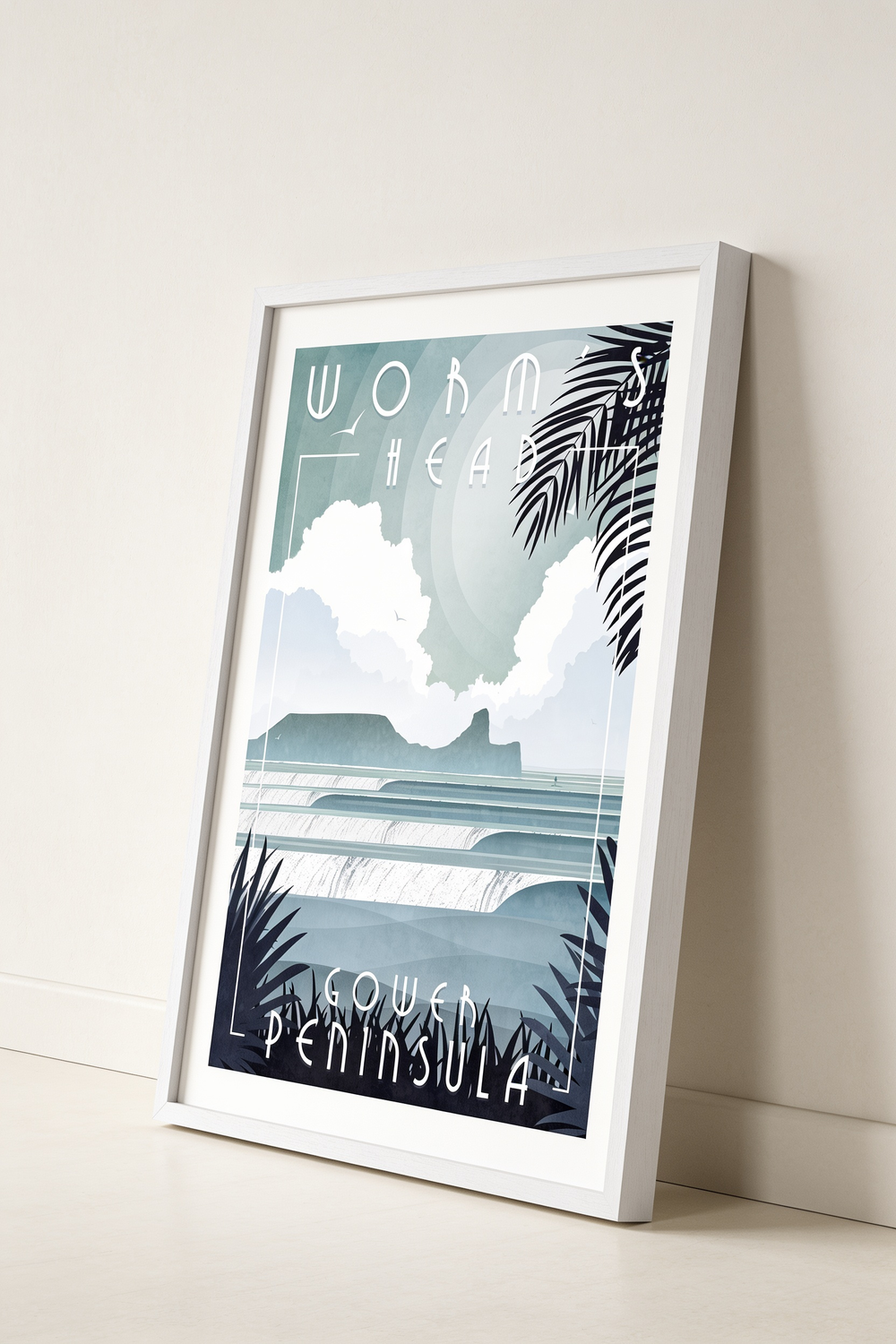 Worm's Head Art Deco travel poster print, framed — Gower Peninsula