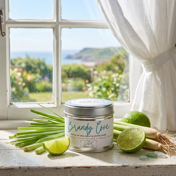 Brandy Cove soy candle in a brushed tin with notes of sea kelp and white musk, hand-poured in Wales by The Gower Candle Co.