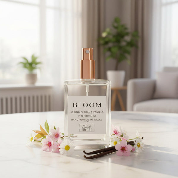 Bloom room spray bottle with rose gold lid, fresh floral and spring blossom scent, by The Gower Candle Co.