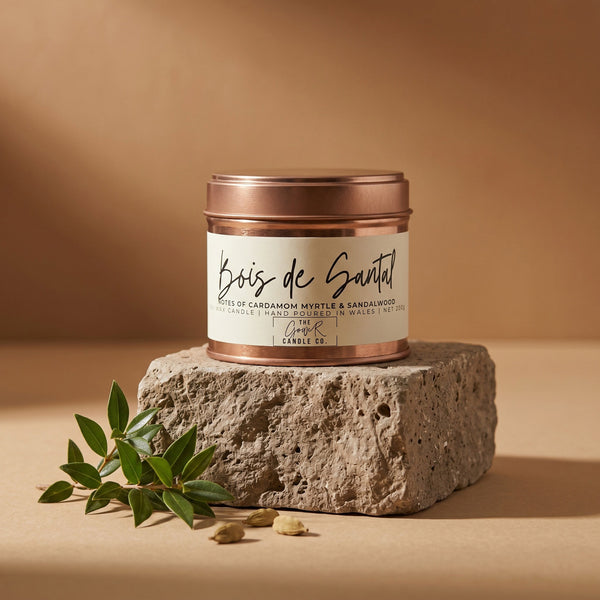 Bois de Santal soy candle in a reusable tin, sandalwood and cedar scent, by The Gower Candle Co.