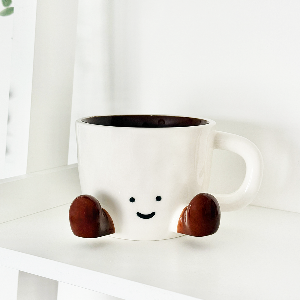 Coffee Cuddles Mug, ceramic mug with face and legs