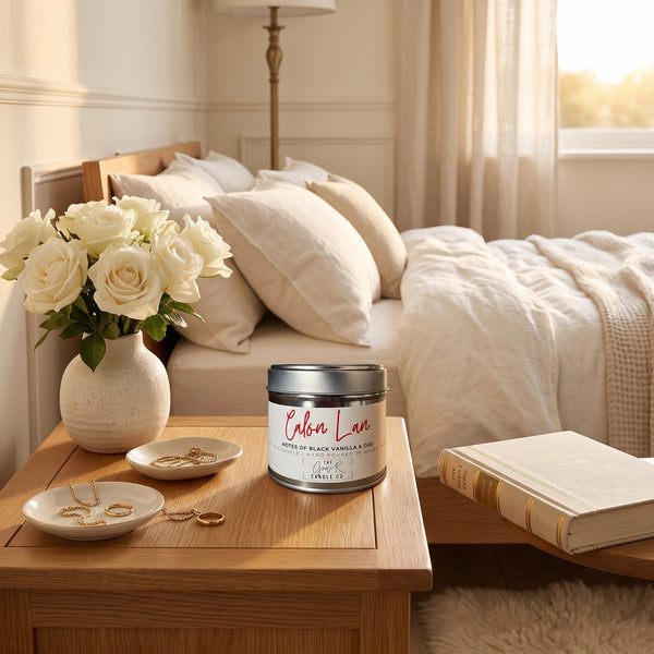 Calon Lân soy candle in a reusable tin, rose and Welsh wildflower scent, by The Gower Candle Co.