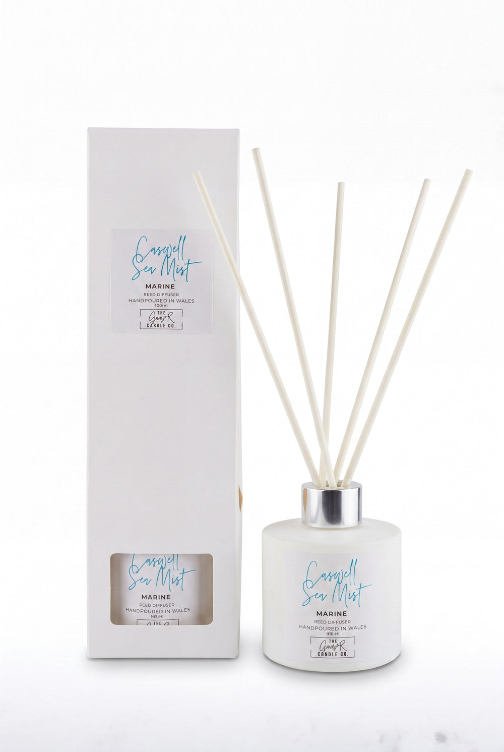 Caswell Sea Mist marine reed diffuser with gift box on white background, handpoured in Wales by The Gower Candle Co.
