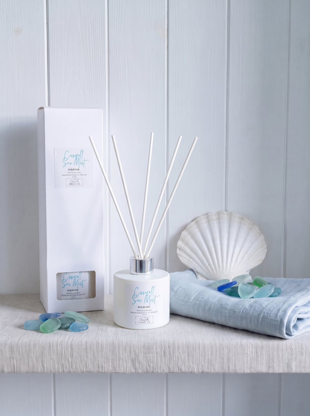 Caswell Sea Mist reed diffuser with reed sticks, fresh marine scent, by The Gower Candle Co.