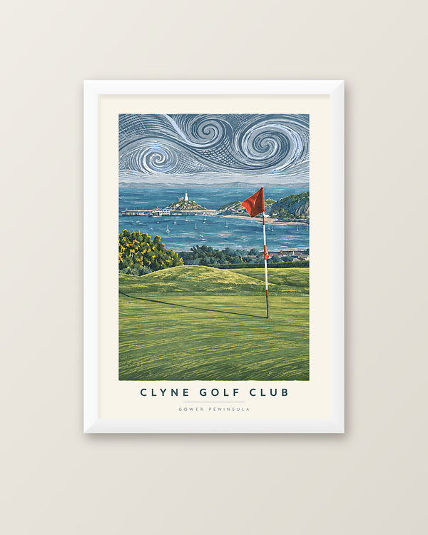 Clyne Golf Club Gower Peninsula lino print framed in a 20mm white box frame with acrylic glazing