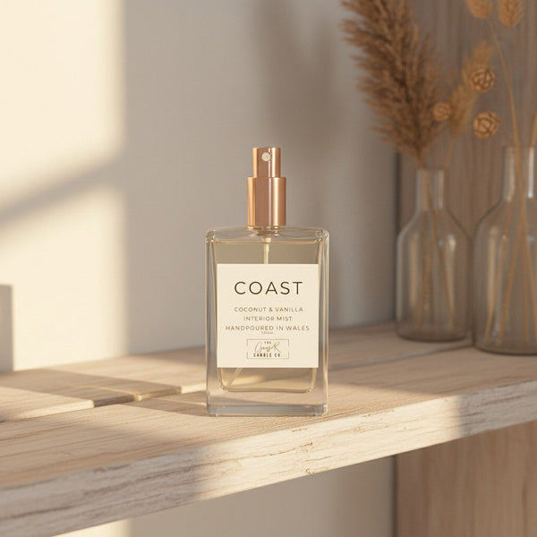 Coast room spray bottle with rose gold lid, sea salt and fresh ozone scent, by The Gower Candle Co.