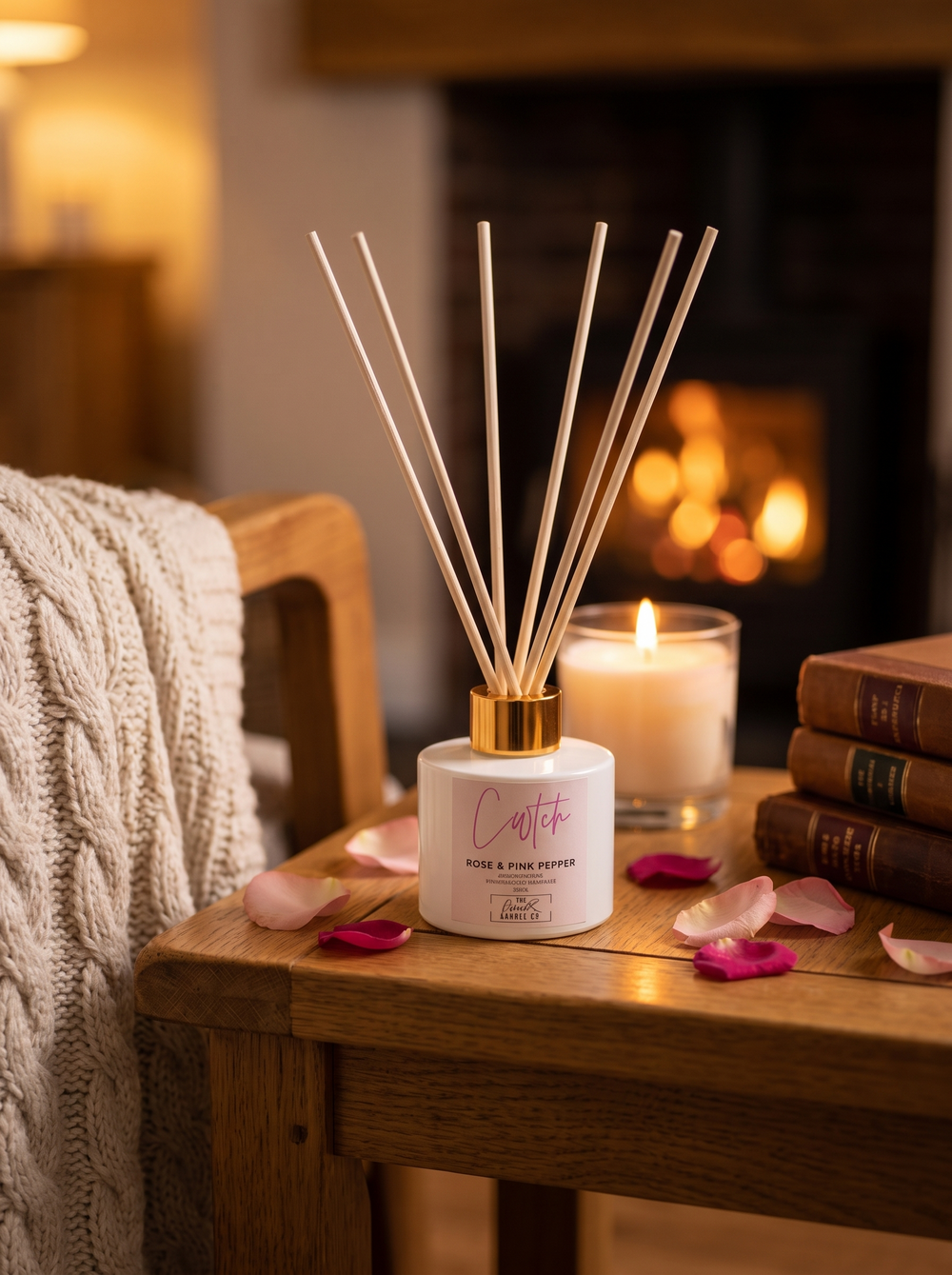 Cwtch reed diffuser with reed sticks, rose and pink pepper scent, by The Gower Candle Co.