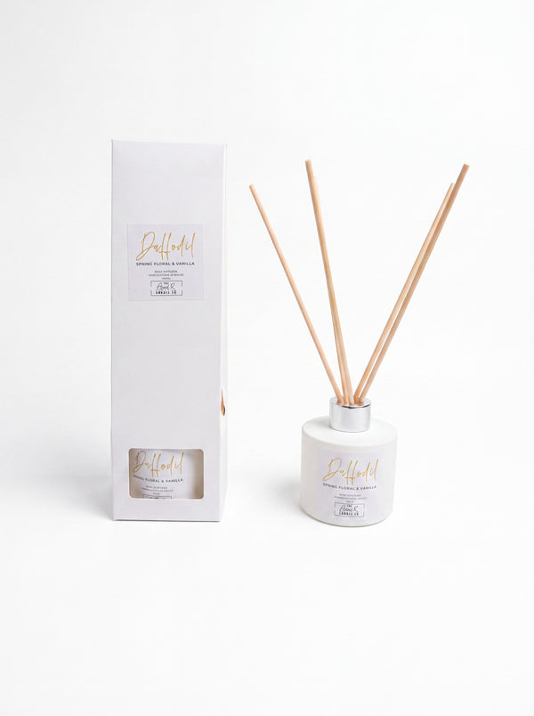 Daffodil spring floral and vanilla reed diffuser with gift box on white background, handpoured in Wales by The Gower Candle Co.