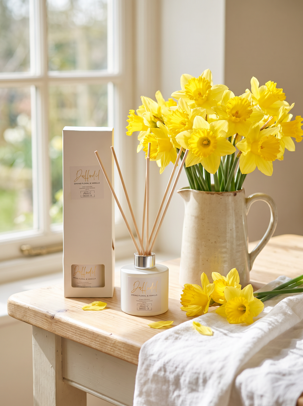 Daffodil reed diffuser with reed sticks, spring floral and vanilla scent, by The Gower Candle Co.