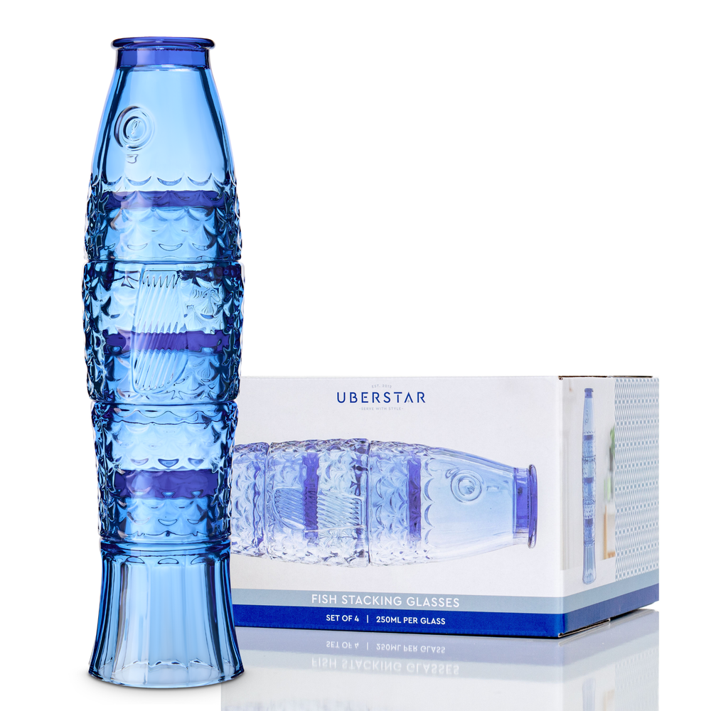 Fish Stacking Drinking Glasses, set of 4, blue