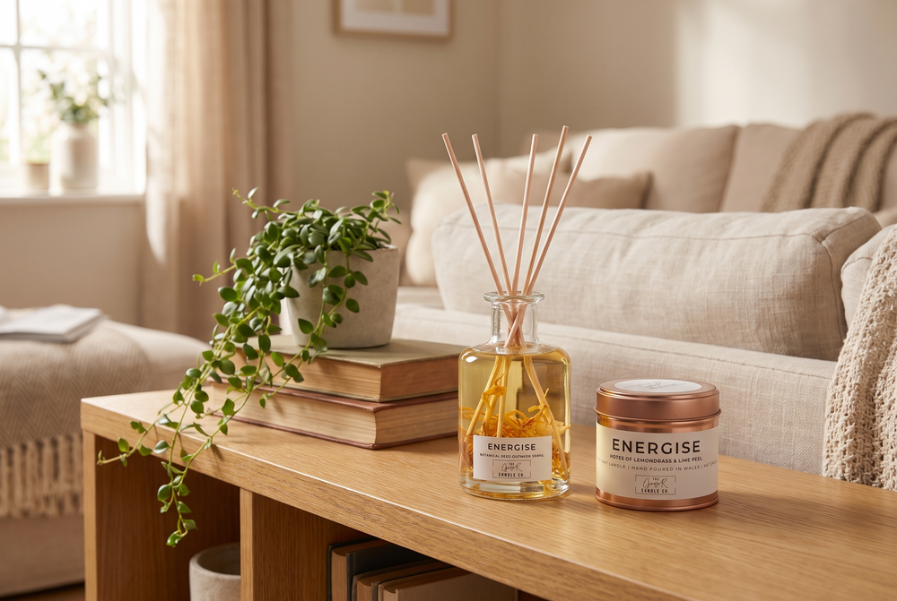 Energise botanical reed diffuser and matching rose gold candle bundle by The Gower Candle Co., styled on a living room table with a trailing plant