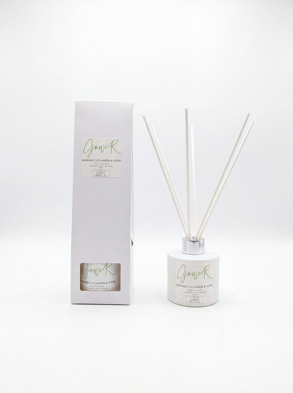 Gower marine cyclamen and rose reed diffuser with gift box on white background, handpoured in Wales by The Gower Candle Co.