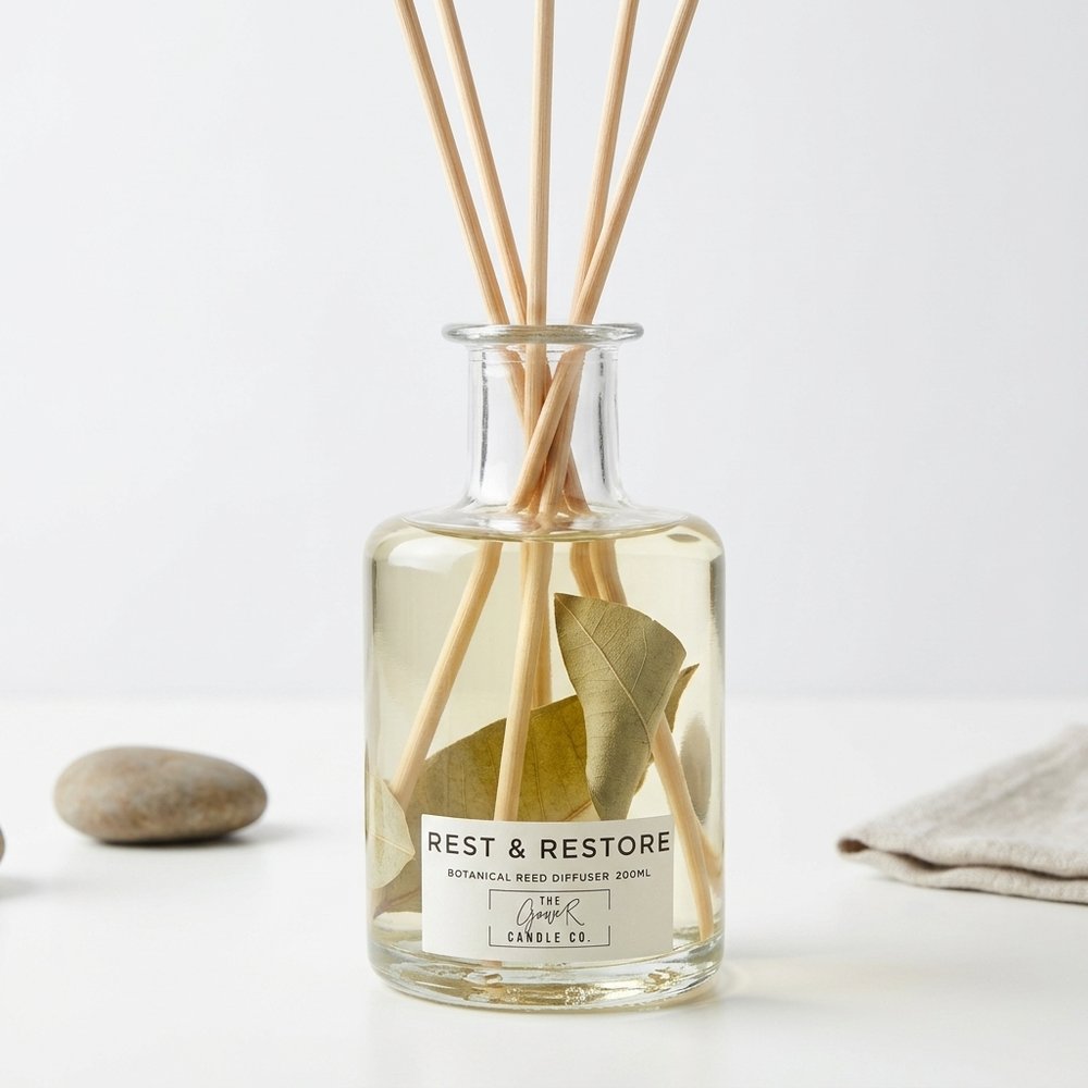 Rest and Restore Botanical Reed Diffuser 200ml by The Gower Candle Co. with eucalyptus leaves