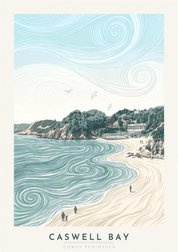 Caswell Bay lino print — Gower Peninsula turquoise cove and wooded headlands