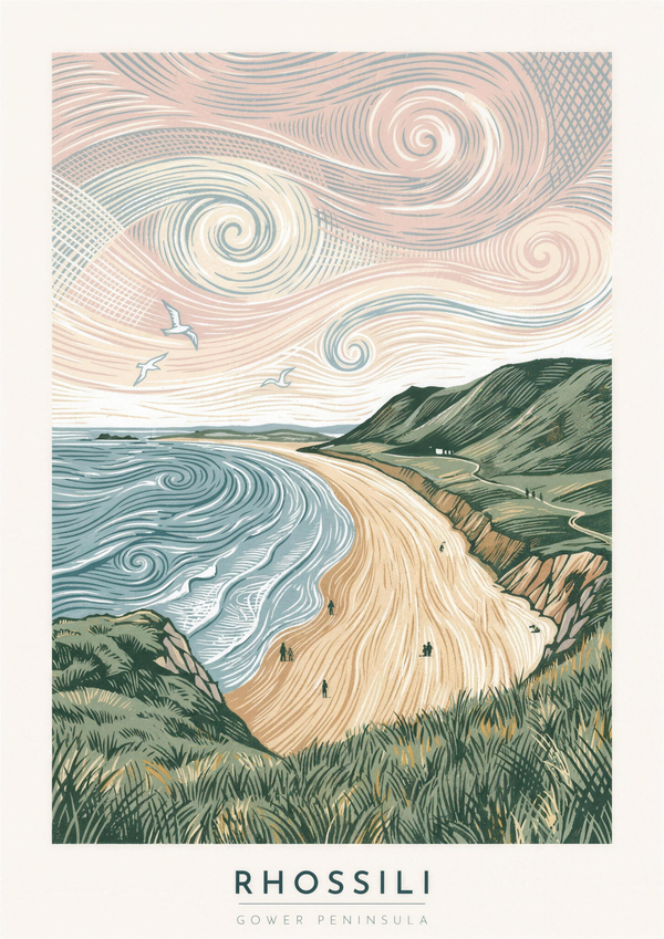 Rhossili lino print — Gower Peninsula sweeping golden sands and clifftops