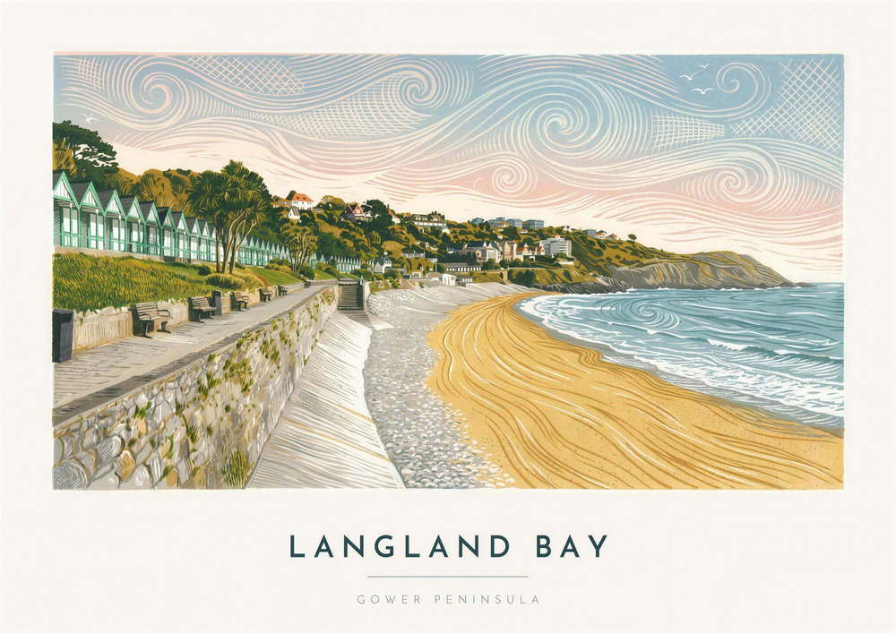 Langland Bay – Gower Peninsula Lino Print