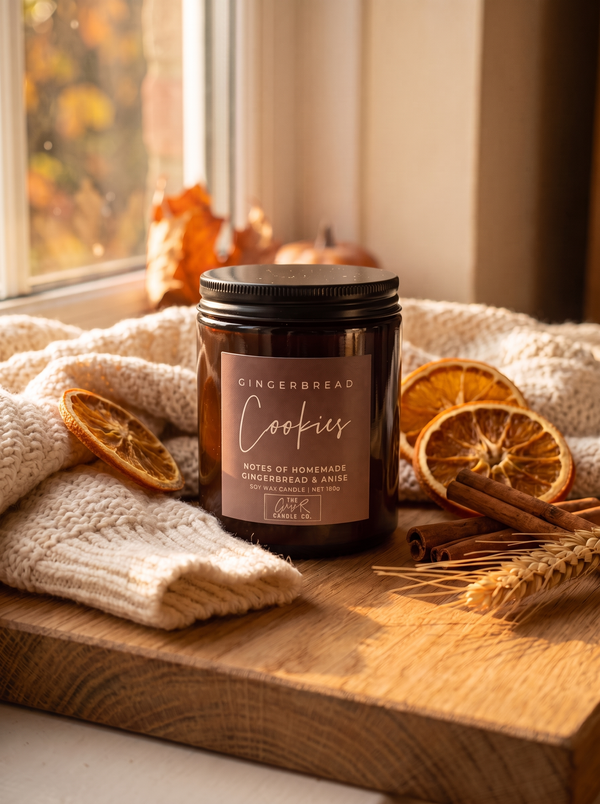 Gingerbread Cookies candle styled in a cosy autumn window scene