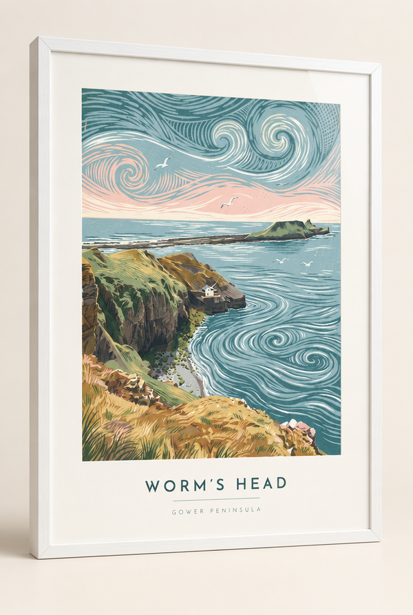 Worm's Head Gower Peninsula lino print framed in a 20mm white box frame with acrylic glazing
