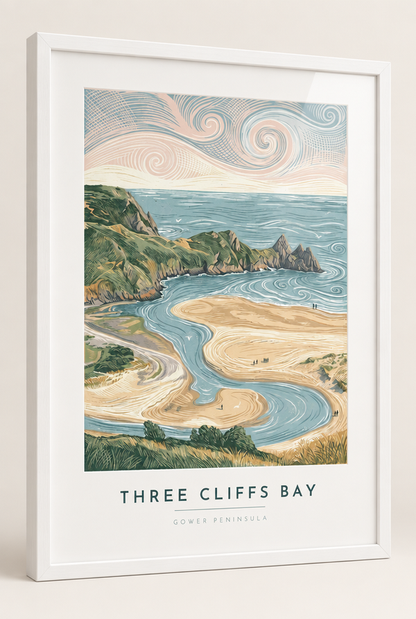 Three Cliffs Bay Gower Peninsula lino print framed in a 20mm white box frame with acrylic glazing